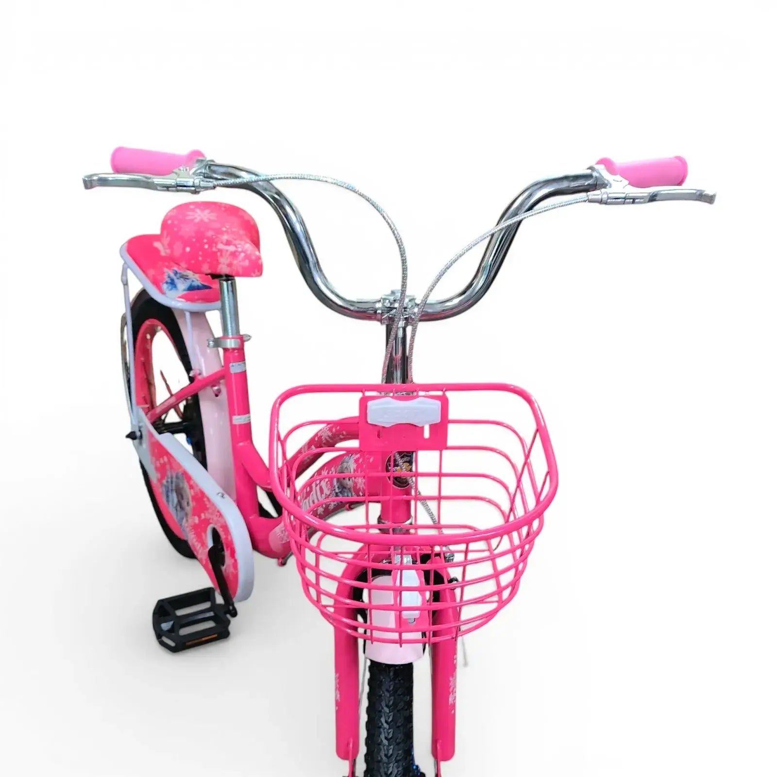 Front view of a Fuchsia Roadix 20-inch girls bicycle with front metal basket and handlebar grips.
