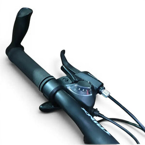 Trinx K024 mountain bike handlebar with ergonomic grip, Shimano gear shifter, and bar end