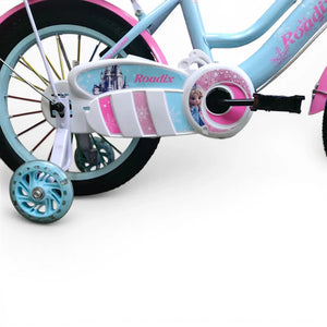 Close-up of blue Roadix girls bicycle chain guard, pedal, and training wheel