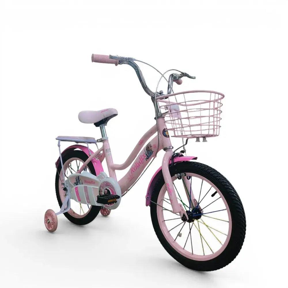 Roadix 16-inch pink girls bike with training wheels and front basket