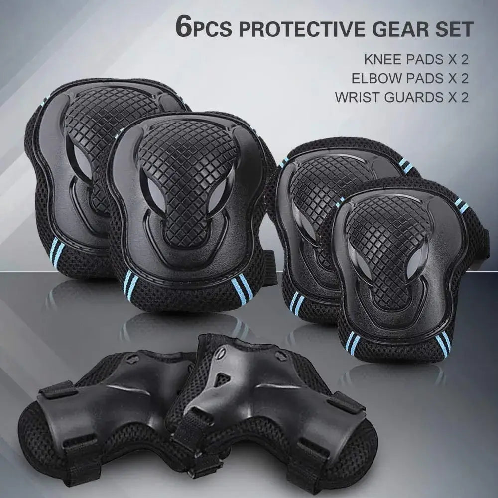 6Pcs Protective Gear Set – Black Knee Pads, Elbow Pads, and Wrist Guards with Promotional Text Overlay