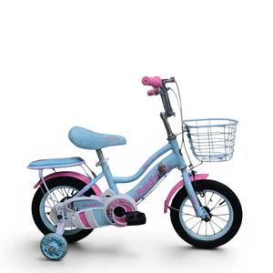 Side view of Roadix 12 inch blue girls bike with Frozen graphics and training wheels