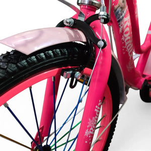 Close-up side view of the front wheel, Fuchsia fender, and brake system of a Roadix girls bicycle.