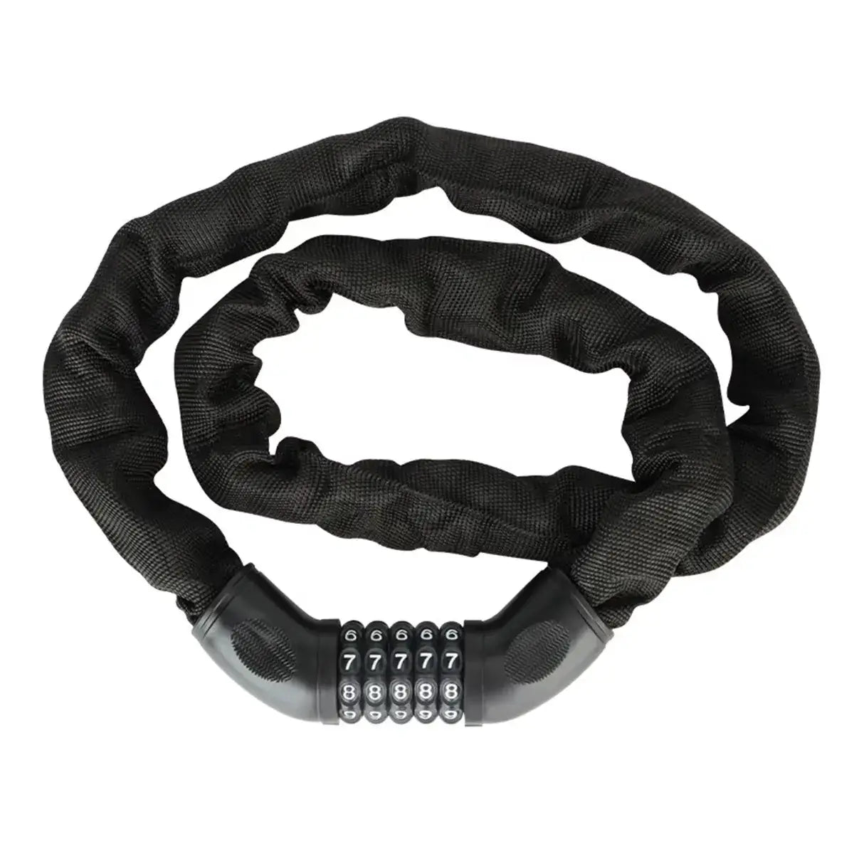 Black 5-digit combination steel chain bike lock with a protective fabric sleeve on a white background