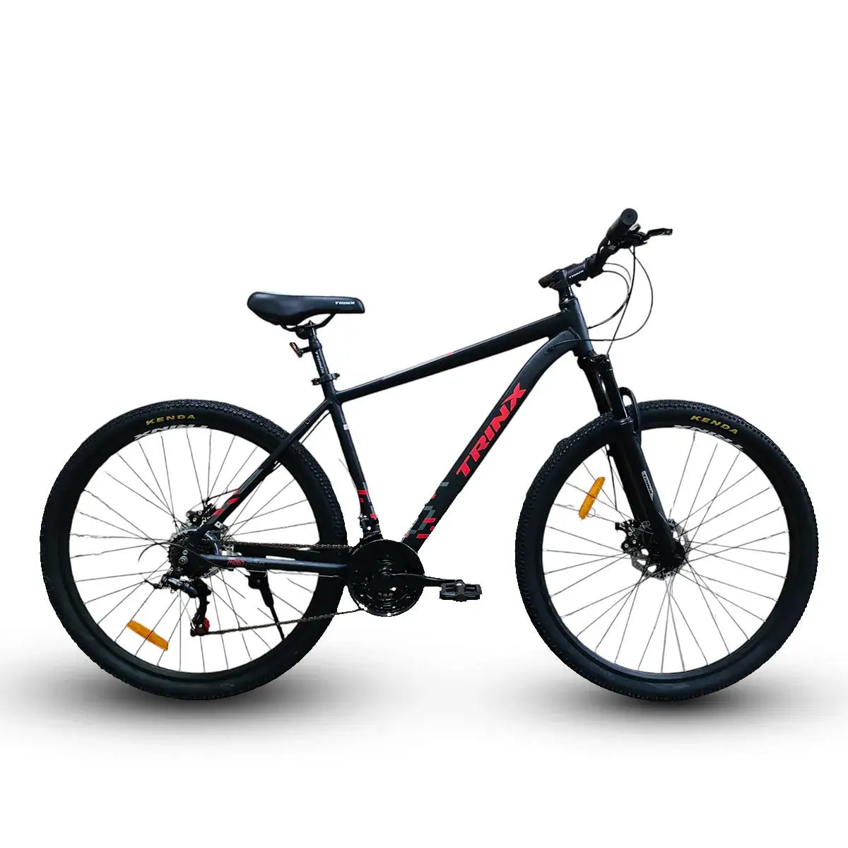Side profile view of Trinx 007 PRO 29-inch mountain bike in black and red with lightweight aluminum frame.
