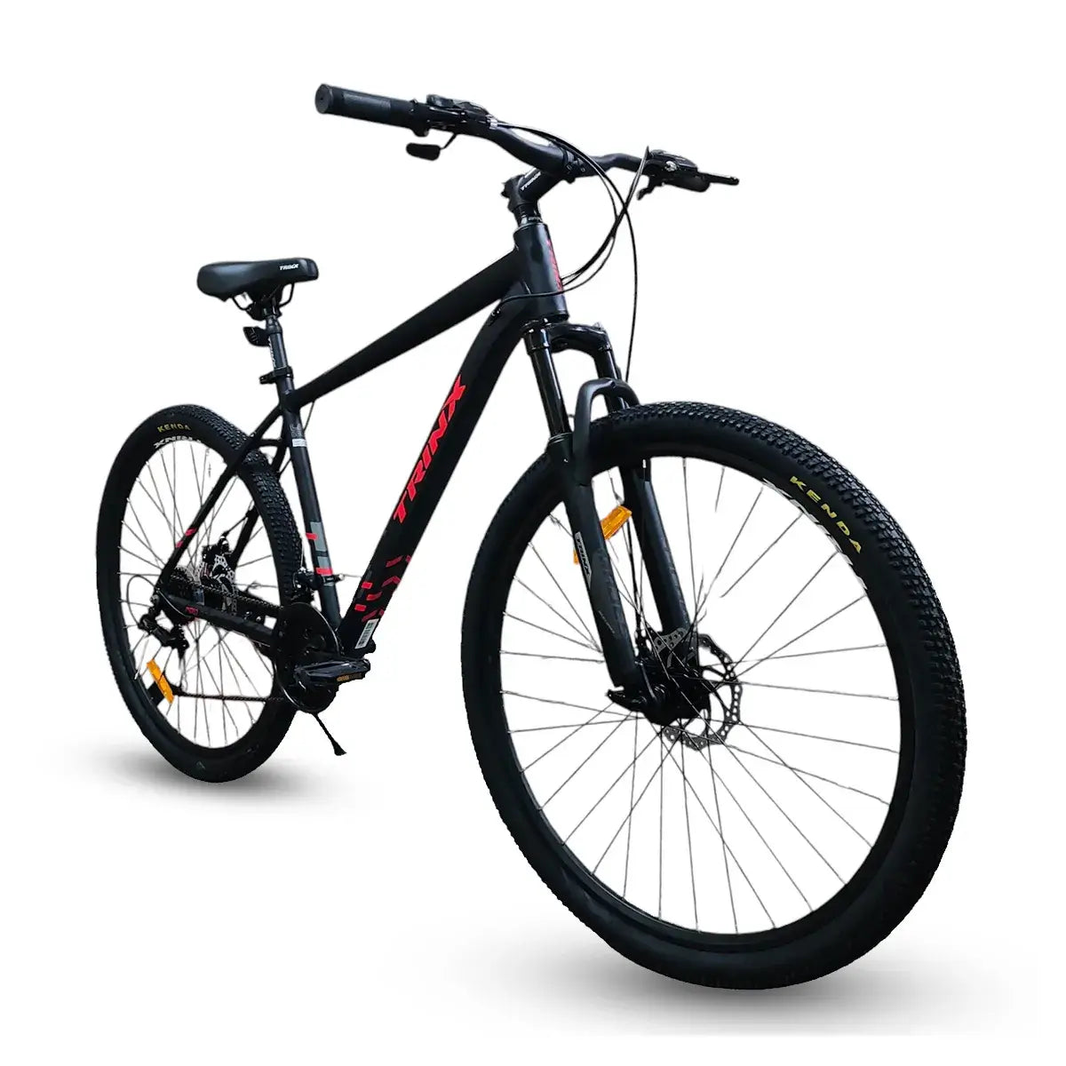  Trinx 007 PRO 29-inch mountain bike in black and red with aluminum frame and disc brakes.