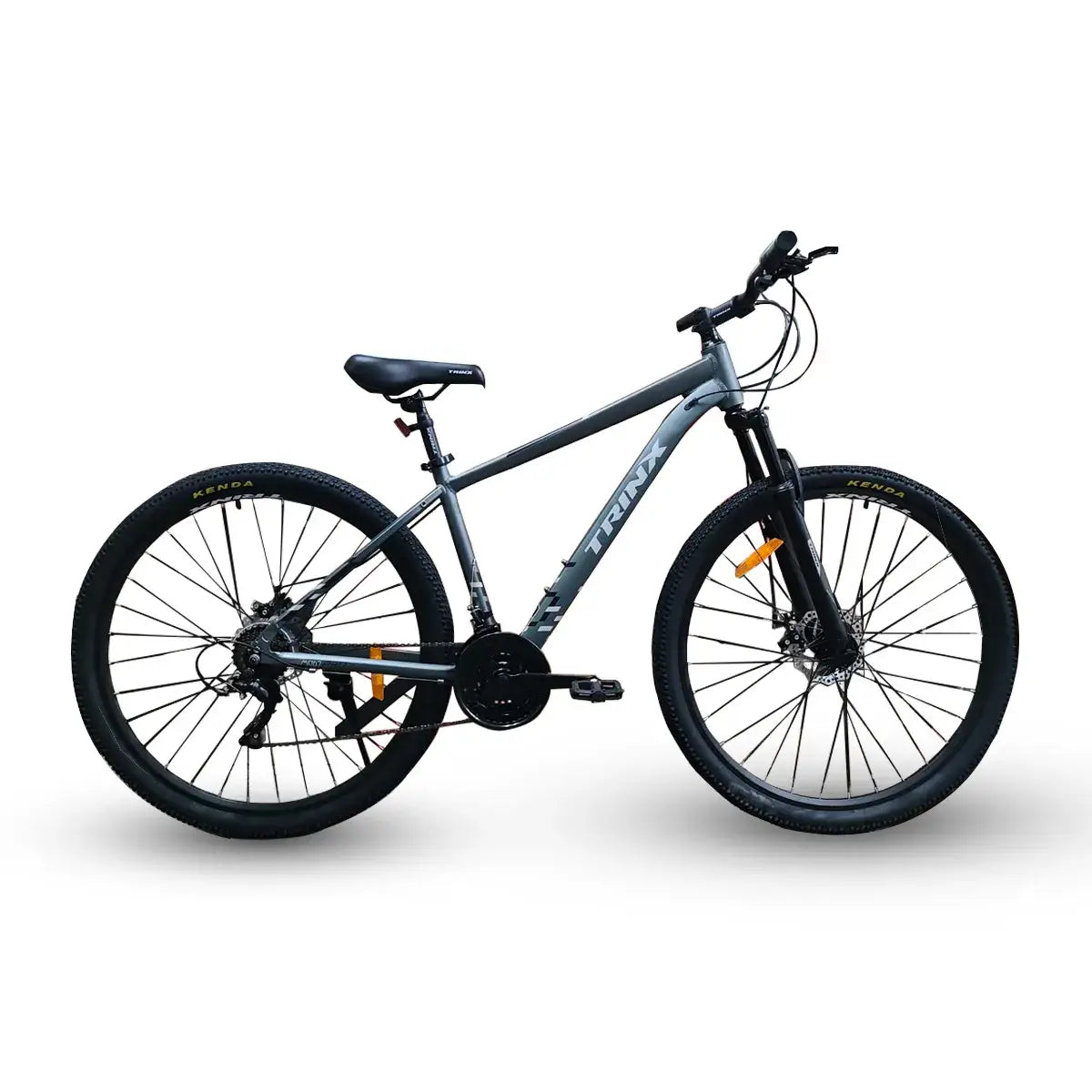 Trinx M007 PRO 29-inch mountain bike in gray and black, featuring front suspension fork, disc brakes, and Kenda tires on a white background.