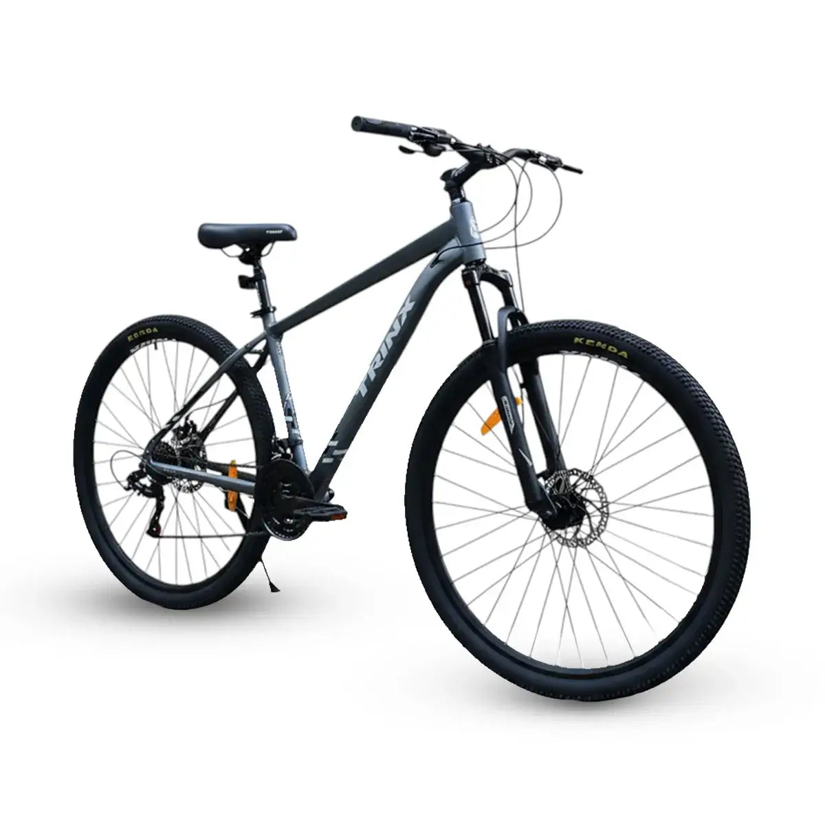 Gray and black Trinx M007 PRO 29-inch mountain bike featuring disc brakes, front suspension fork, and Kenda tires.