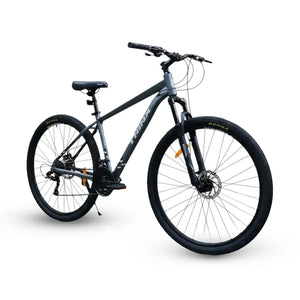 Gray and black Trinx M007 PRO 29-inch mountain bike featuring disc brakes, front suspension fork, and Kenda tires.