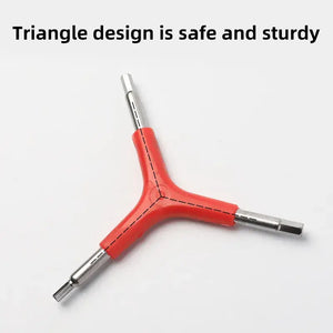 Y-Type Three-Way Hex Wrench with Red Handle Featuring Promotional Text Overlay Highlighting Safe and Sturdy Triangle Design