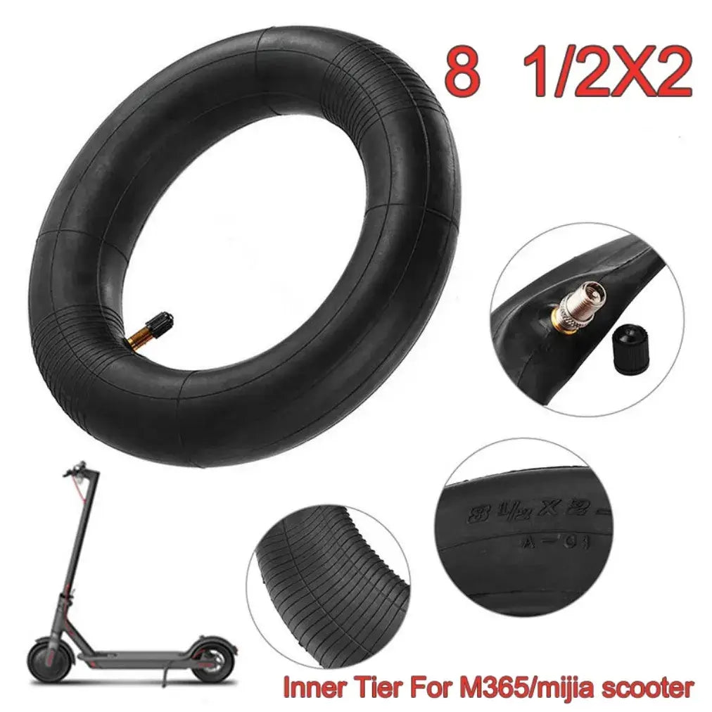 8 1/2x2 Inner Tube for M365 and Mijia Electric Scooter, Featuring Size Details, Valve Stem Close-Up, and Scooter Compatibility
