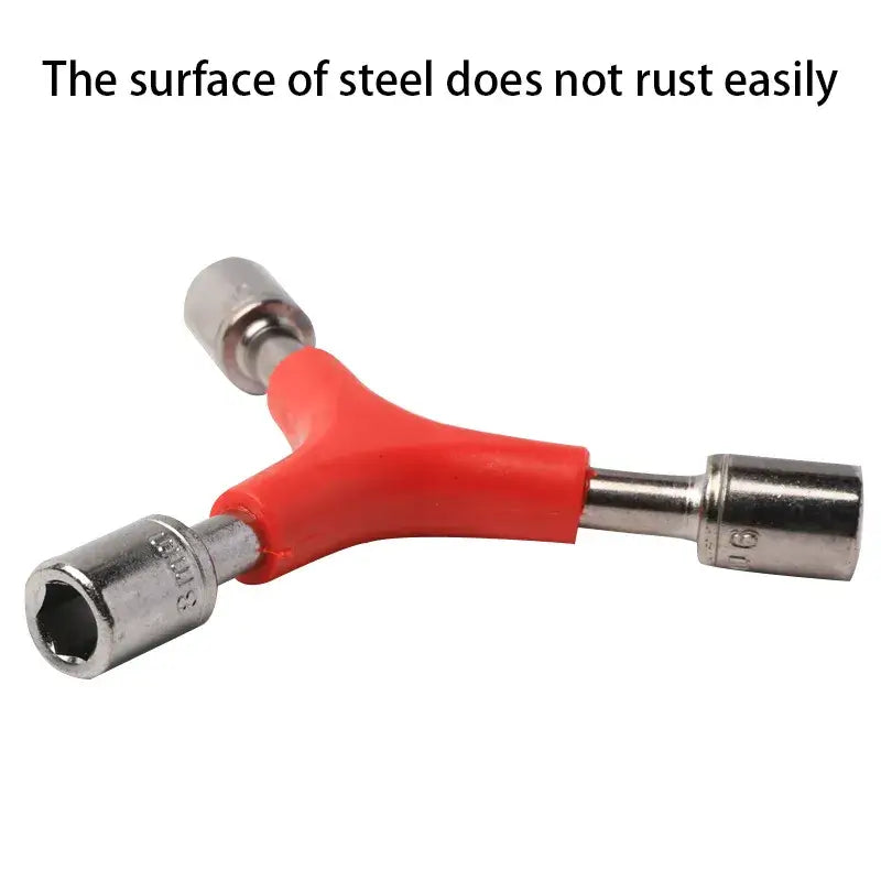 Red Y-shaped bicycle socket wrench with three steel socket heads, shown at an angle.