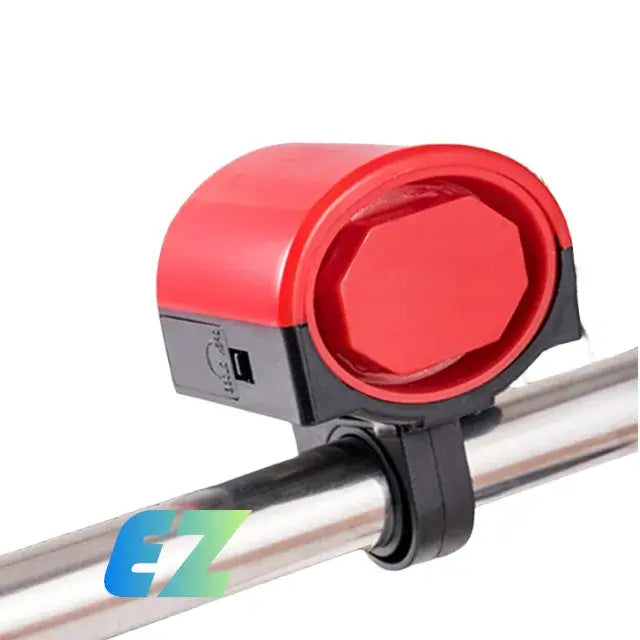Red and Black Electronic Bicycle Horn Installed on a Handlebar with Promotional Watermark