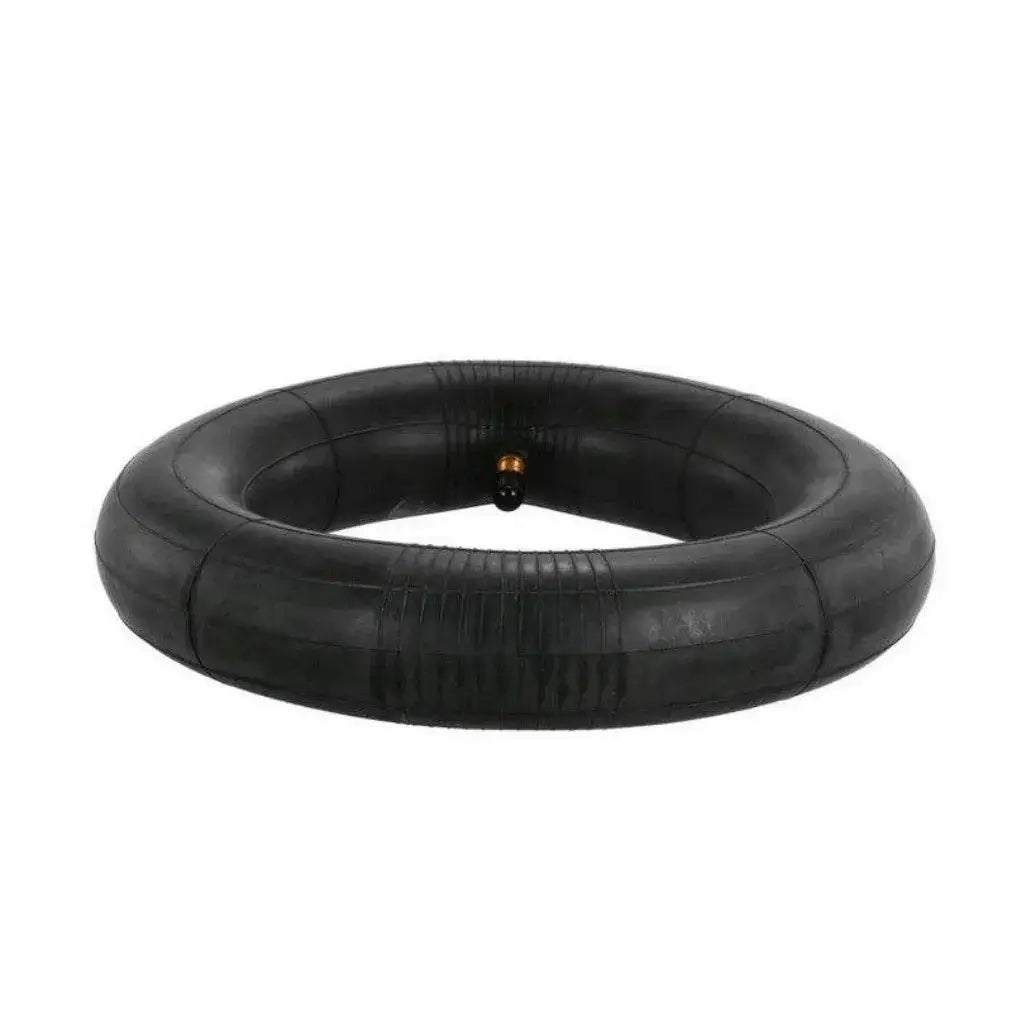 Angled View of a Black Electric Scooter Inner Tube with Valve Stem Isolated on White Background