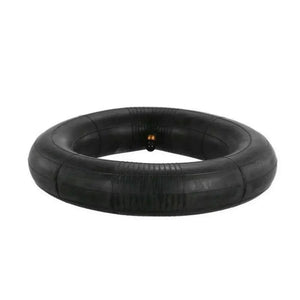 Angled View of a Black Electric Scooter Inner Tube with Valve Stem Isolated on White Background