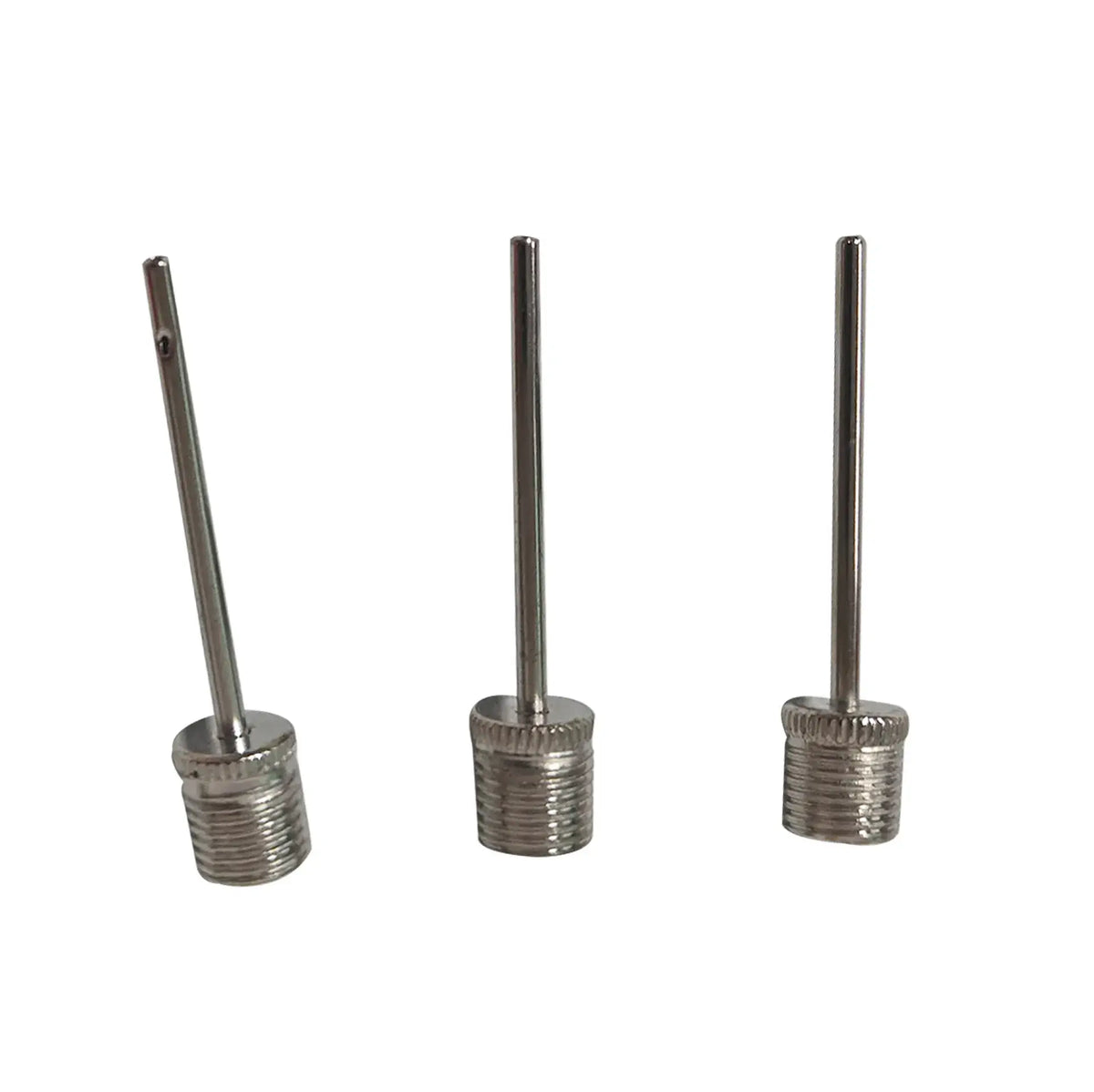 Three metal ball inflation needles from the Maxlerz adapter kit, showing threaded bases and air outlets.