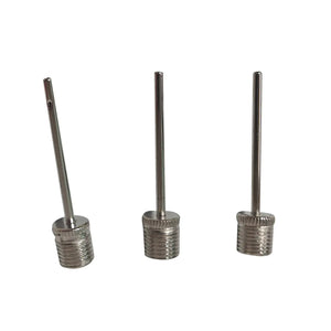 Three metal ball inflation needles from the Maxlerz adapter kit, showing threaded bases and air outlets.