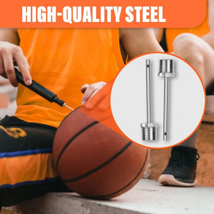 Person inflating a basketball with a hand pump and ball needle, alongside a close-up of two metal inflation needles.