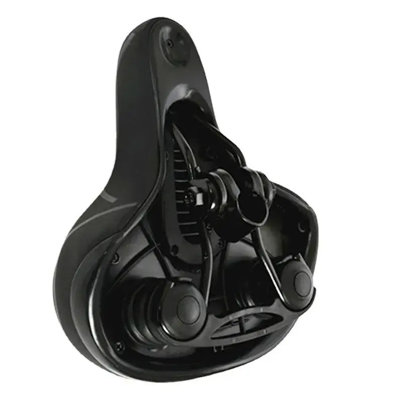 Maxlerz Comfort Bicycle Saddle Bottom View Featuring Dual Shock-Absorbing Balls and Mounting Clamp