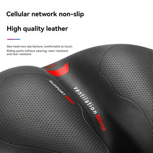 Maxlerz Comfort Bicycle Saddle in Black highlighting high-quality leather and non-slip bee mesh texture for wear-resistant cycling
