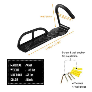 Maxlerz wall-mounted bike and e-scooter rack showing product dimensions, steel material, 66 lbs max load, and included mounting screws