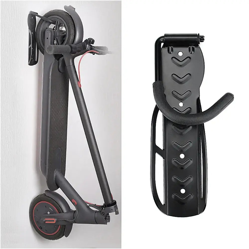 Maxlerz Wall-Mounted Bike and E-Scooter Rack shown with a folded electric scooter mounted vertically on a wall