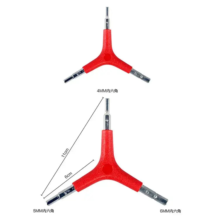 Y-Type Three-Way Hex Wrench Overview Showing Two Red Bicycle Repair Tools with Dimension Measurements and Size Labels (4mm, 5mm, 6mm)