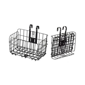 Dual view of black metal wire foldable bike baskets, showing open and closed positions with integrated hanging hooks