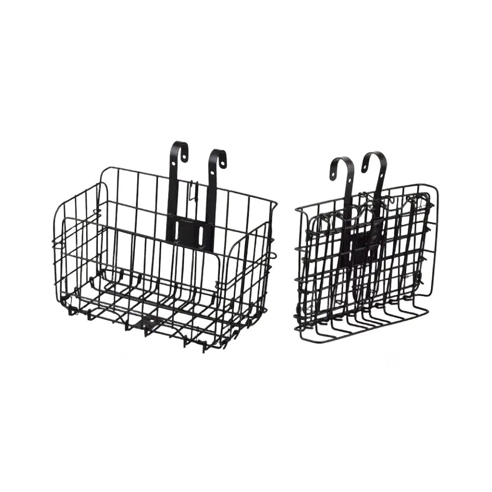 Dual view of black metal wire foldable bike baskets, showing open and closed positions with integrated hanging hooks
