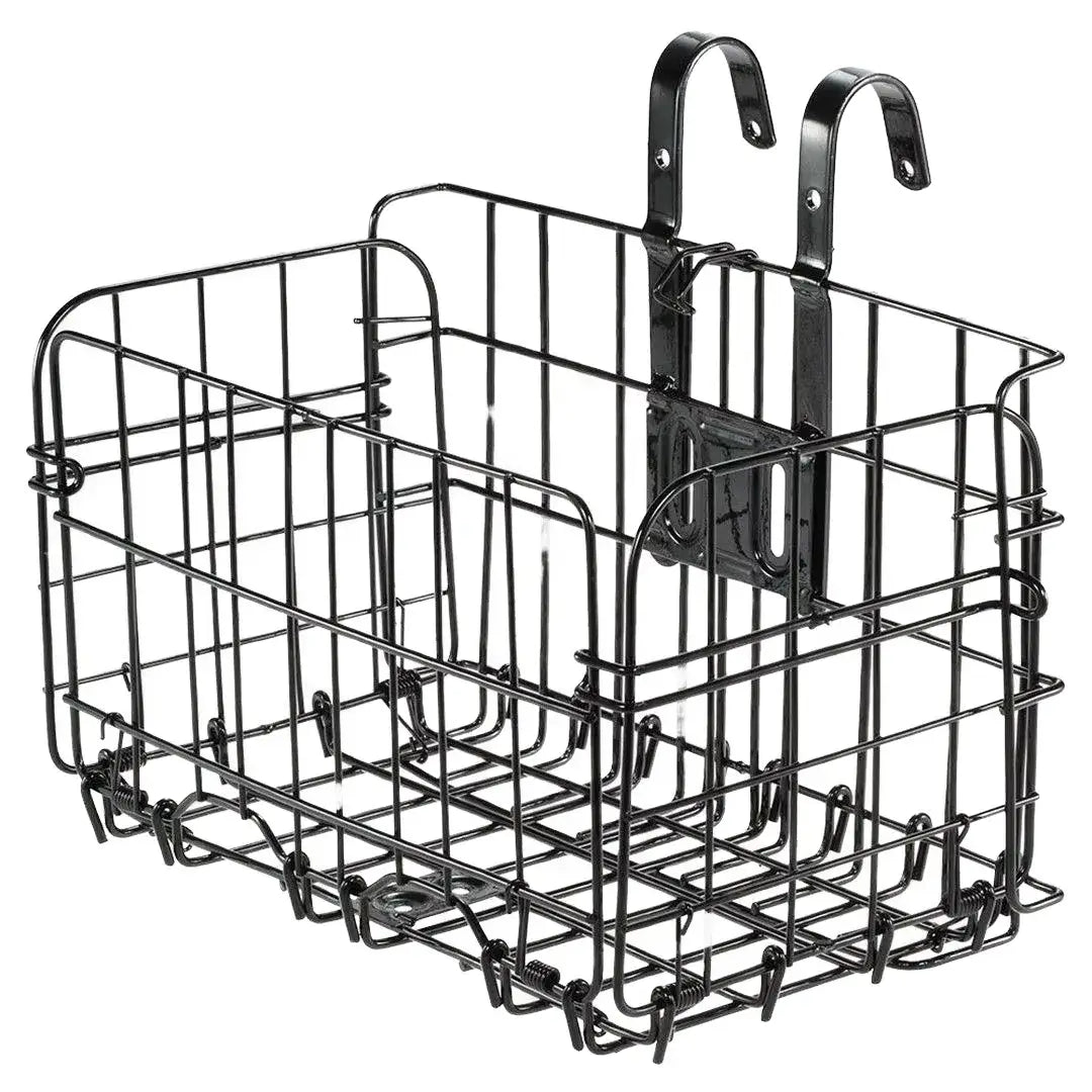 Black foldable metal wire bicycle basket with rear mounting hooks