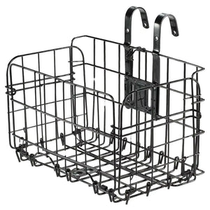 Black foldable metal wire bicycle basket with rear mounting hooks