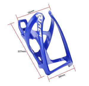 Blue bicycle water bottle cage showing 137 mm height, 78 mm top width, and 68 mm base width