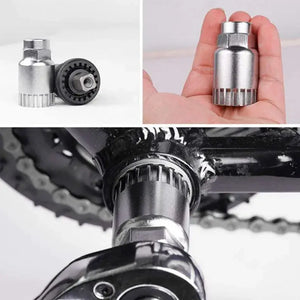 Bicycle bottom bracket removal socket tool with product views and usage.
