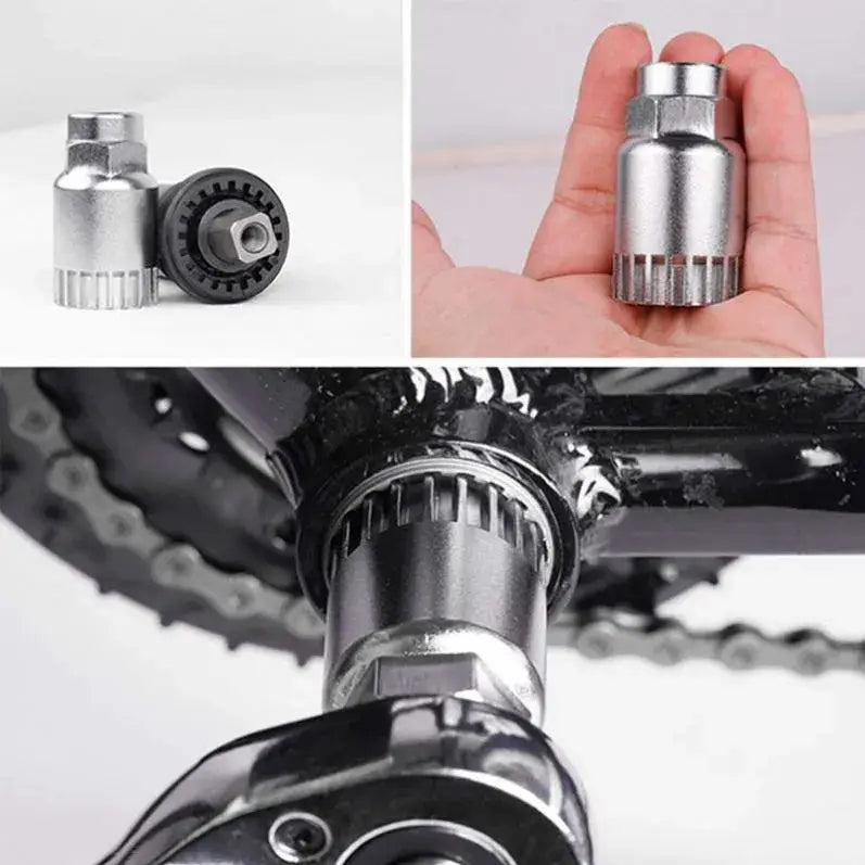 Bicycle bottom bracket removal socket tool with product views and usage.