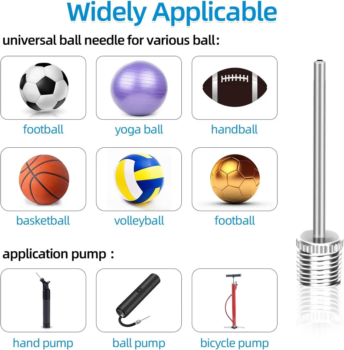 Ball inflation needle application chart showing sports balls alongside hand pumps and a bicycle floor pump.