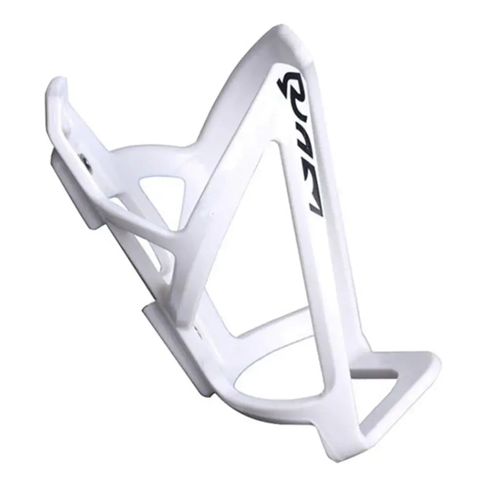 White bicycle water bottle cage shown from the side on a white background