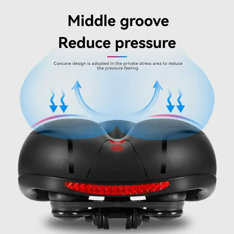 Maxlerz Comfort Bicycle Saddle in Black highlighting the middle groove design and airflow to reduce pressure during cycling