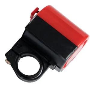 Red and Black Electronic Bicycle Horn with Handlebar Mount Viewed from the Bottom