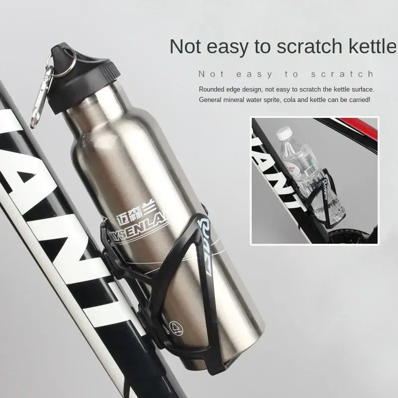 Black bicycle bottle cage holding a metal water bottle, with an inset showing a plastic bottle