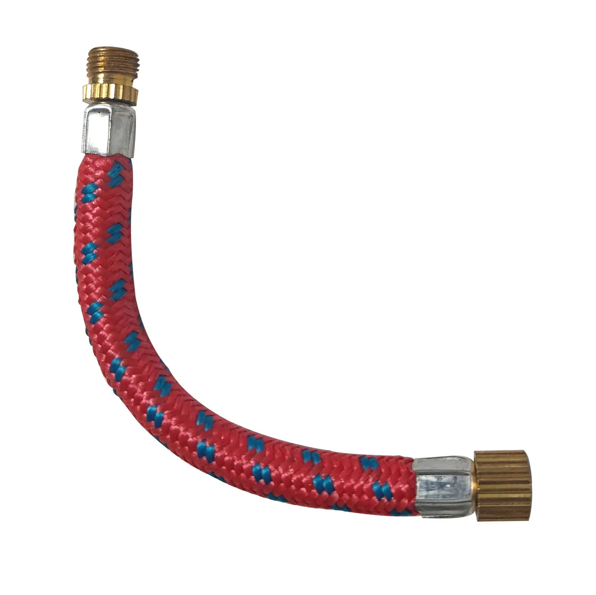 Maxlerz flexible Schrader adapter hose with red and blue braided covering and threaded metal fittings.