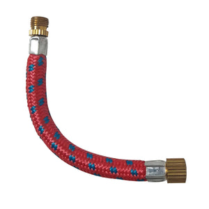 Maxlerz flexible Schrader adapter hose with red and blue braided covering and threaded metal fittings.