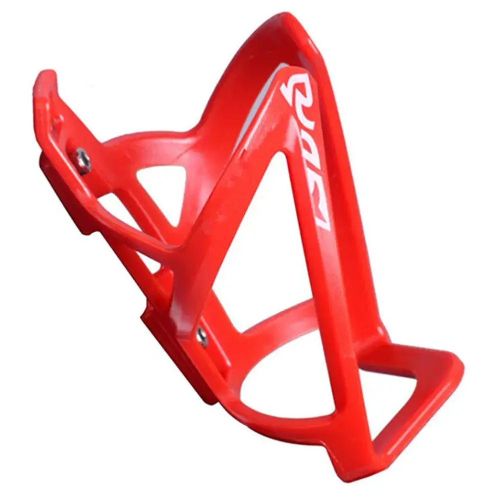 Side view of a red bicycle water bottle cage on a white background