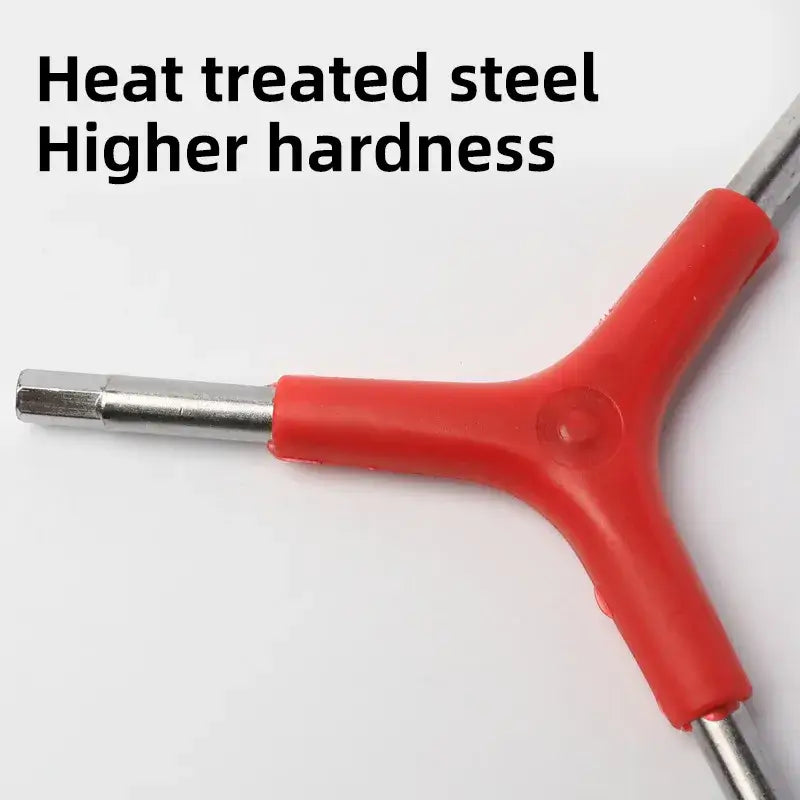 Y-Type Three-Way Hex Wrench with Red Handle Featuring Heat-Treated Steel and Promotional Text Overlay