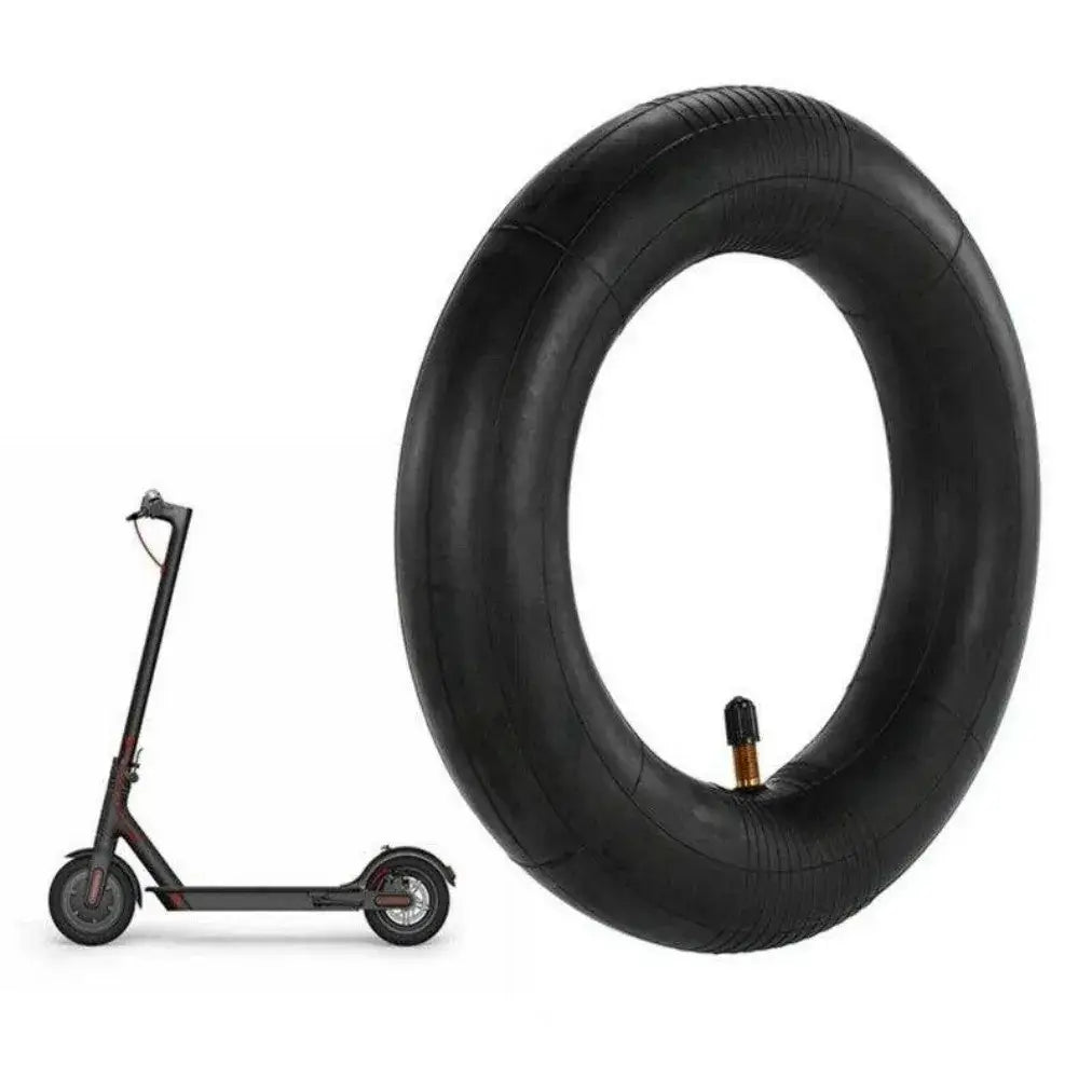 Black Inner Tube with Valve Stem for Electric Scooter, Shown Alongside a Compatible Electric Scooter
