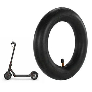Black Inner Tube with Valve Stem for Electric Scooter, Shown Alongside a Compatible Electric Scooter