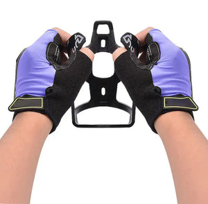 A pair of purple and black fingerless cycling gloves being worn on two hands, holding a black Abo ElGoukh & Maxlerz bicycle bottle cage against a white background