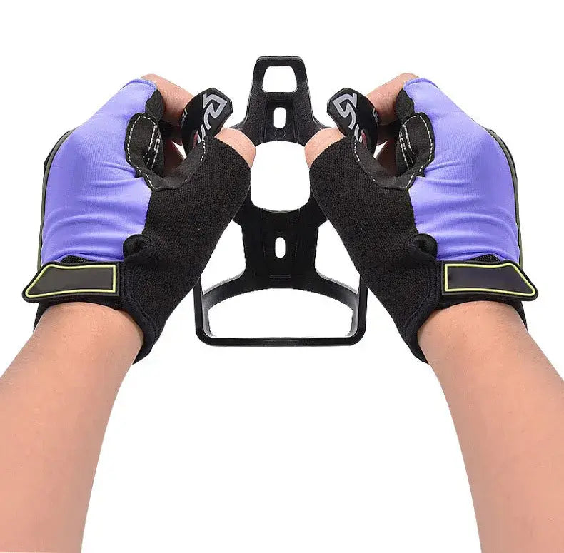 A pair of purple and black fingerless cycling gloves being worn on two hands, holding a black Abo ElGoukh & Maxlerz bicycle bottle cage against a white background