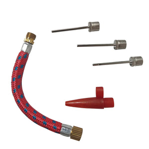 Maxlerz 5-piece inflation adapter kit with a red braided Schrader hose, three metal ball needles, and a red air float nozzle.