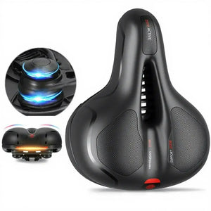 Maxlerz Comfort Bicycle Saddle in Black featuring dual shock-absorbing suspension, central ventilation channel, and inset detail views of shock balls and rear light