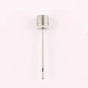 Close-up of a metal ball inflation needle showing its threaded base and side air outlet.